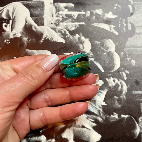 Unique Vintage Turquoise, Black and Gold Glitter Murano Glass Ring Size 7 - Picture 6 of 12